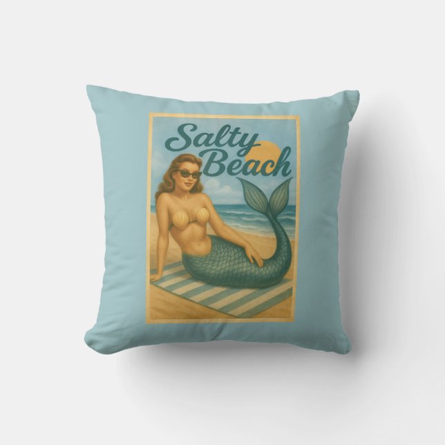 Coussin Salty Beach Retro Pin-Up Mermaid Art Coastal Decor (Recto)