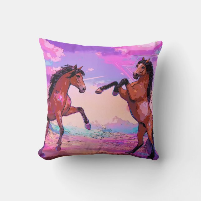 Coussin Salutation Enjouée - Deux Étalons Se Saluant Mutue (Recto)