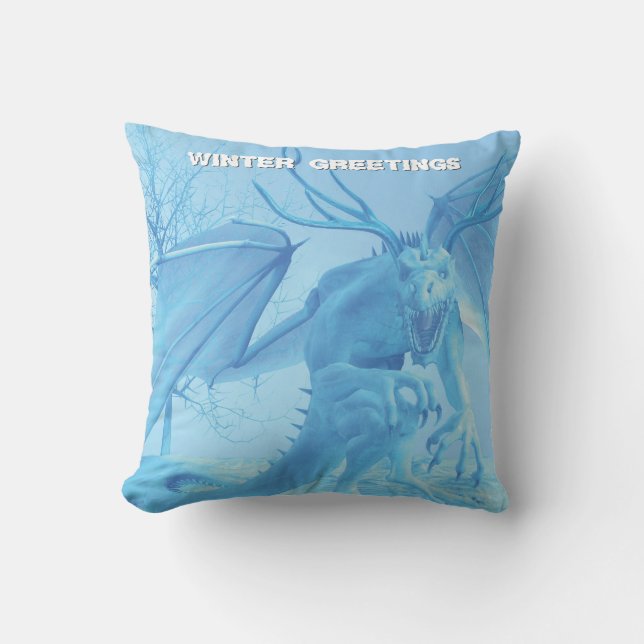 Coussin Salutations d'hiver. Dragon de glace avec bois (Recto)