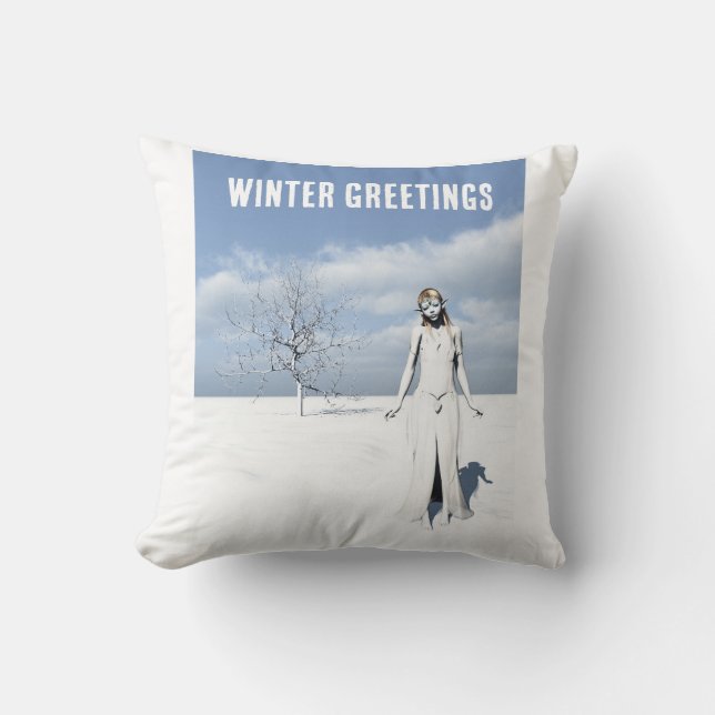 Coussin Salutations d'hiver. Elfe féminine marchant dans l (Recto)