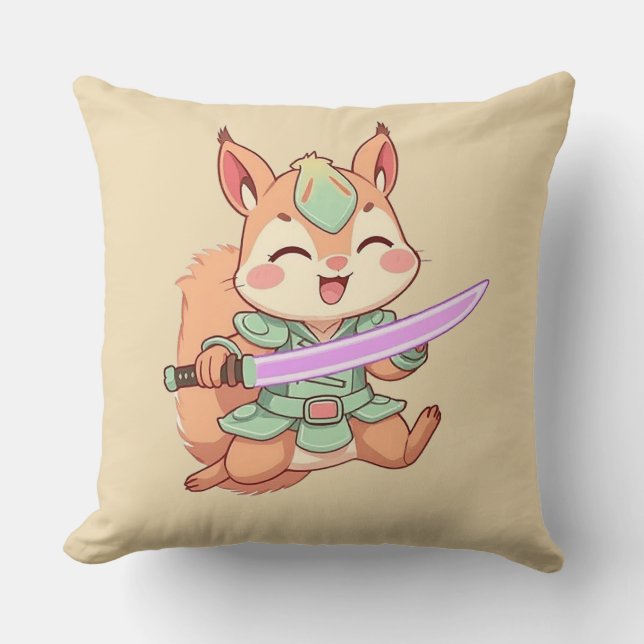 Coussin Samouraï écureuil kawaii. (Recto)