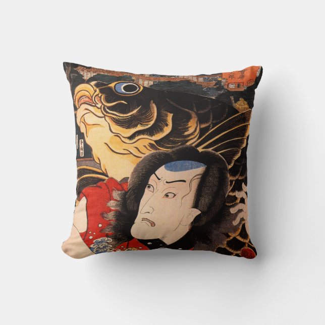 Coussin Samouraïs et poissons japonais de Koi (Recto)