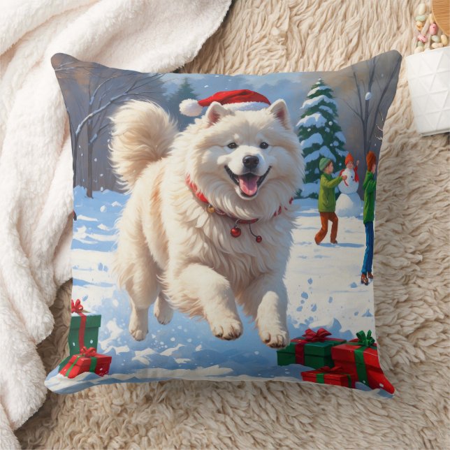 Coussin Samoyède courant dans la neige avec un chapeau de  (Couverture)