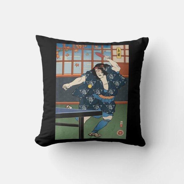 Coussin Samurai Jouer Table Tennis Ping Pong Ukiyoe (Recto)