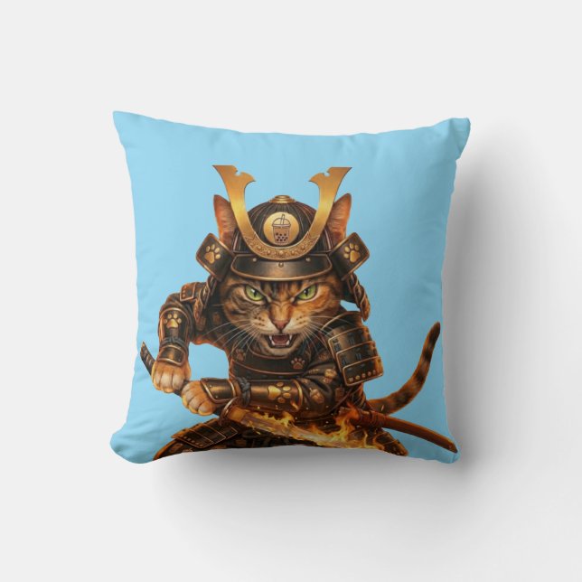 Coussin Samurai Orange Cat - Japanese Art Throw Pillow (Recto)