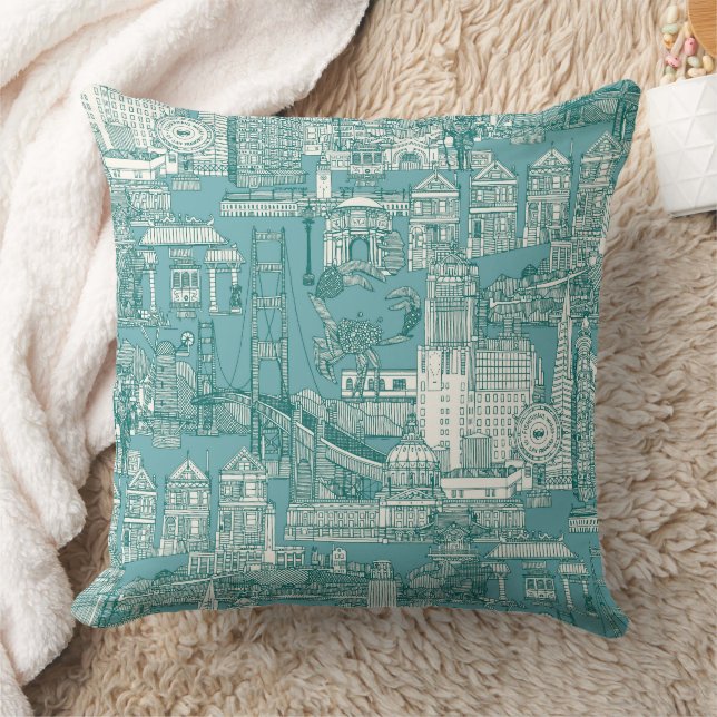 Coussin San Francisco toile viridian bleu turquoise (Couverture)