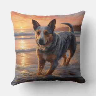 Coussin Sandy Paws Australian Cattle Dog on Beach Sunset