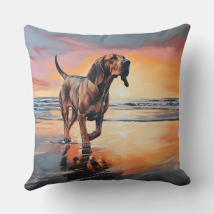 Coussin Sandy Paws Bloodhound Dog on Beach Sunset