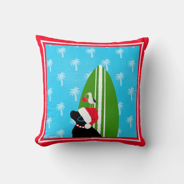 Coussin Santa Black Lab Planche de Surf Chien Mouette Noël (Recto)
