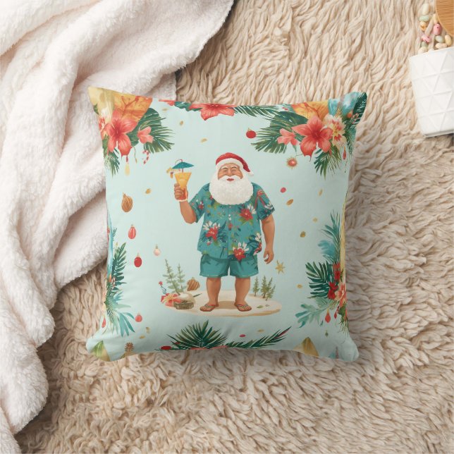 Coussin Santa Claus Christmas in July at the beach surfer (Couverture)