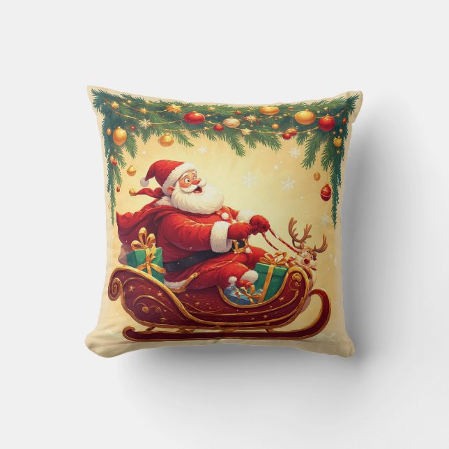 Coussin Santa Claus Riding Sleigh avec un renne (Recto)