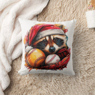 Coussin Santa Raccoon & Baseballs Holiday Throw Pillow 