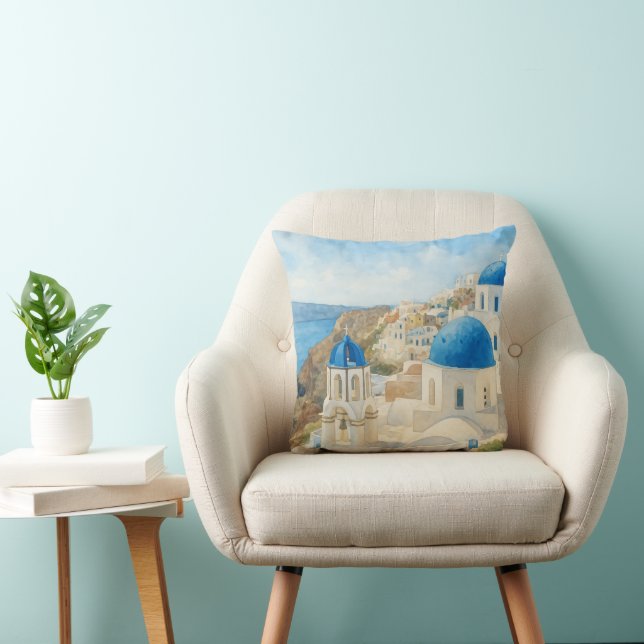 Coussin Santorin Grèce Aquarelle Église à Dôme Bleu (Chaise)