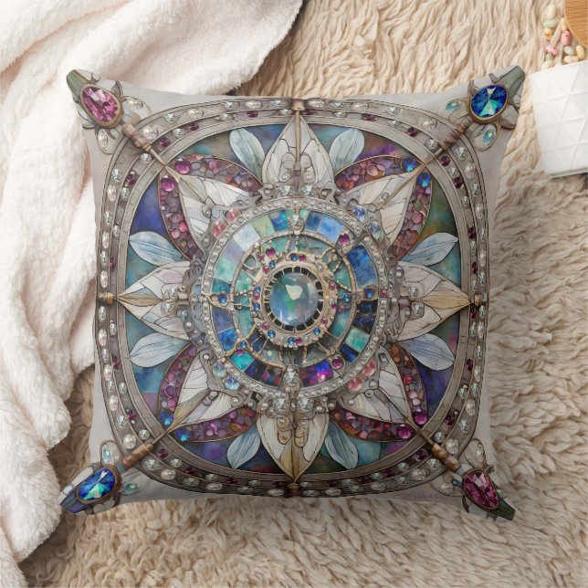 Coussin Saphirs roses et bleus Diamants Perles Mandala (Couverture)