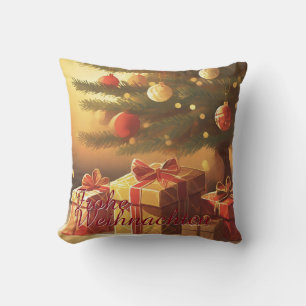 Coussin Sapin de Noël avec des cadeaux dorés