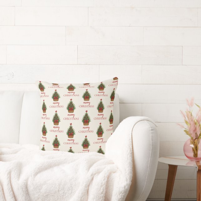Coussin Sapin de Noël Élégant – Ruban Rouge  (Canapé)