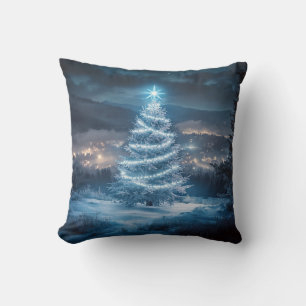 Coussin Sapin de Noël Nuit Hivernale Lumineuse Bleue