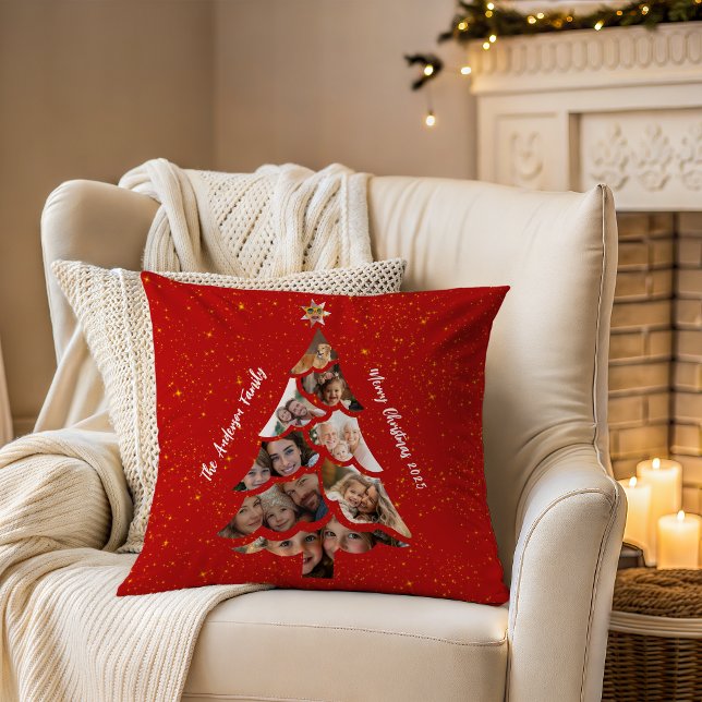 Coussin Sapin de Noël Rouge Double Face Collage Photo Cozy (Unique customizable 9 Photo Christmas tree collage and text, double sided rich red with gold stars)