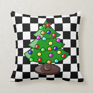 Coussin Sapin de Noël sur fond à carreaux noir et blanc