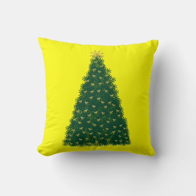 Coussin Sapin de Noël vert, Chevaux au galop dorés, Jaune (Recto)
