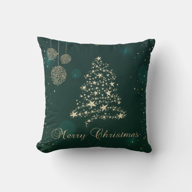 Coussin Sapin de Noël Vert Élégant, Doré Faux, Flocons de  (Recto)