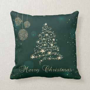 Coussin Sapin de Noël Vert Élégant, Doré Faux, Flocons de