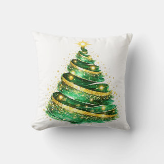 Coussin Sapin de Noël Vert Émeraude et Or en Tourbillon