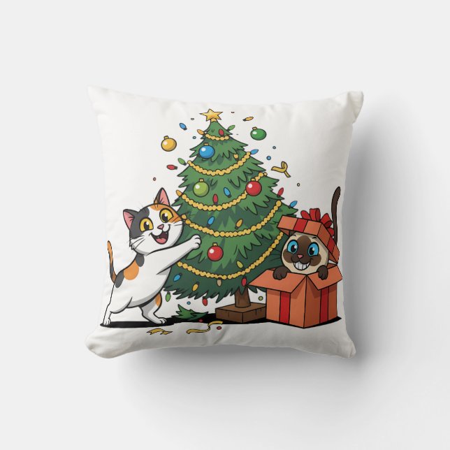 Coussin Sapins de Noël et chats surprise cadeau  (Recto)