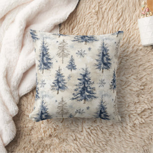 Coussin Sapins de Noël Flocons de neige Crème Bleue