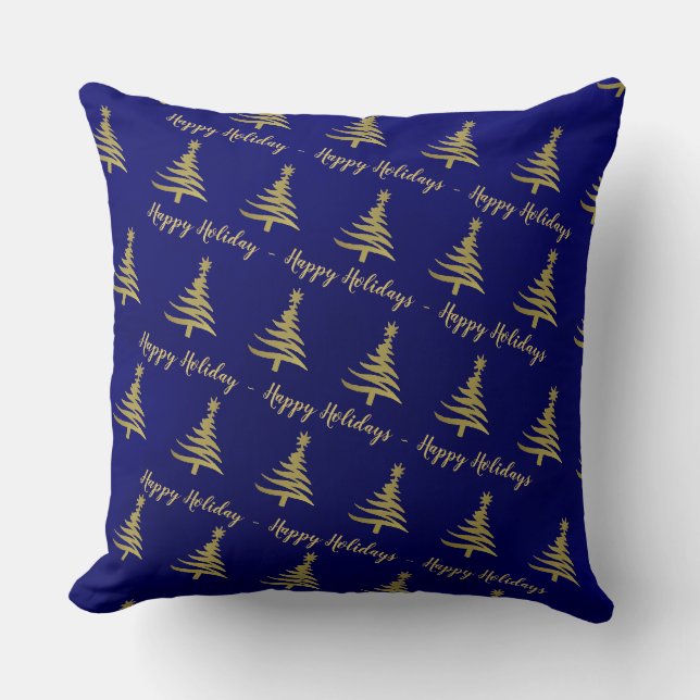 Coussin Sapins de Noël Or sur Bleu (Recto)