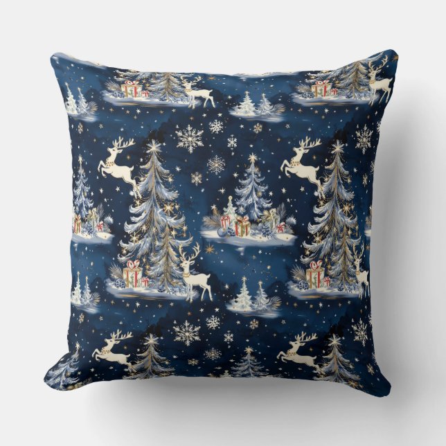 Coussin Sapins de Noël, rennes et flocons de neige (Recto)