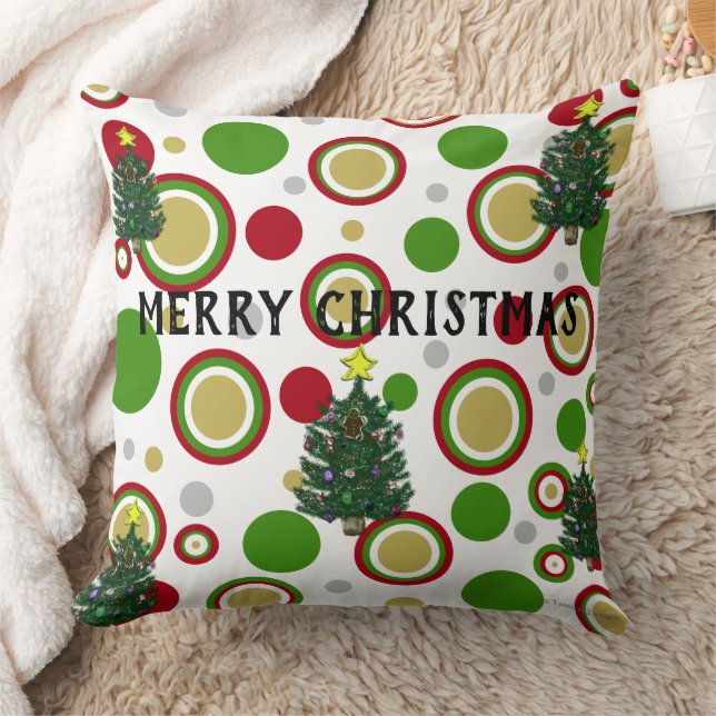 Coussin Sapins de Noël Rouge Vert Argent Or Géométrique (Couverture)