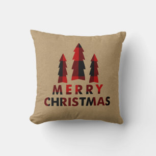 Coussin Sapins de Noël rustiques rouges à carreaux buffle
