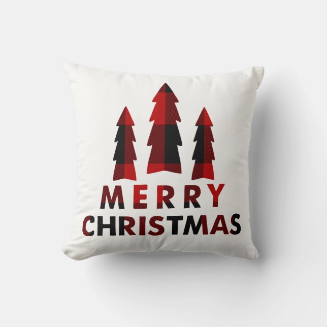 Coussin Sapins de Noël rustiques rouges à carreaux buffle (Recto)