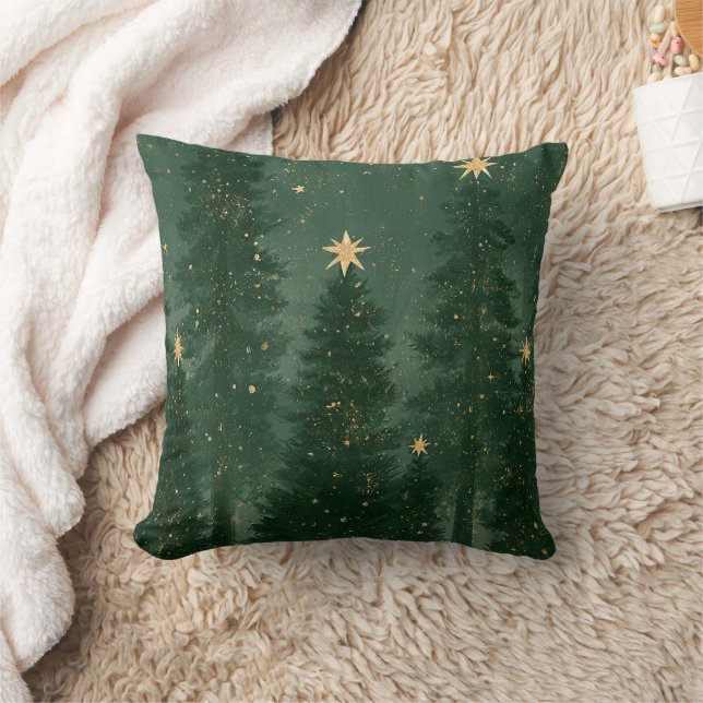Coussin Sapins de Noël verts Étoiles dorées (Couverture)