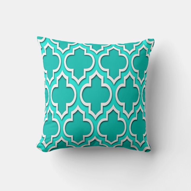 Coussin Sarcelle, Aqua Clair, Quatrefeuille Marocain Blanc (Recto)