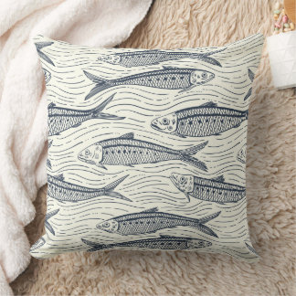 Coussin Sardines en mouvement en bleu marine et ivoire