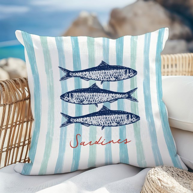 Coussin Sardines Pêcheur Esthétique Côtière Stripes (Créateur téléchargé)