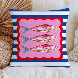 Coussin Sardines roses sur rayures bleues audacieuses naut