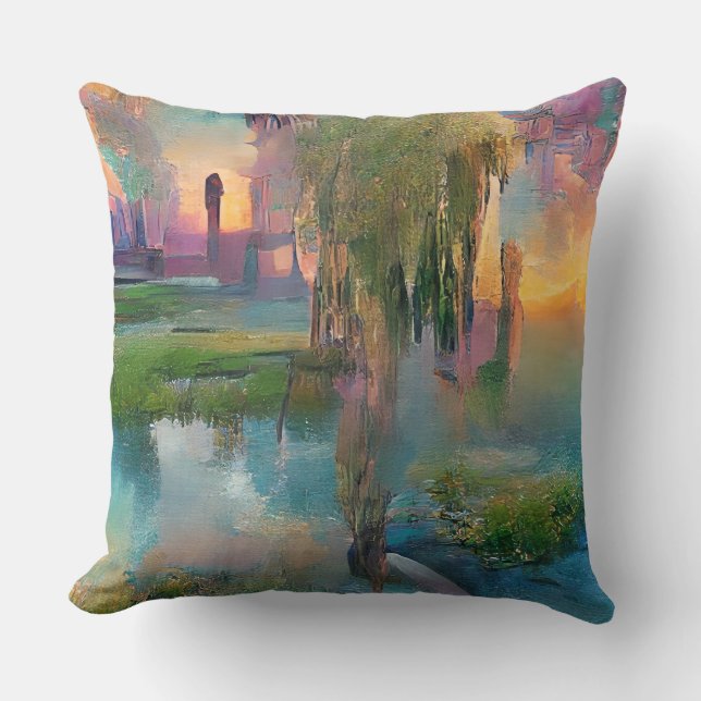 Coussin Saule et glycine près de l'étang au coucher du sol (Recto)