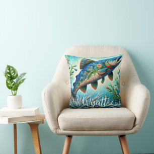 Coussin Saumon Mosaïque Florale Bleue Personnalisée
