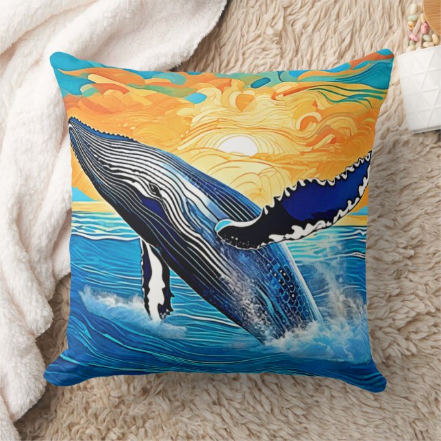 Coussin Saut de coucher de soleil de baleine à bosse Art (Couverture)