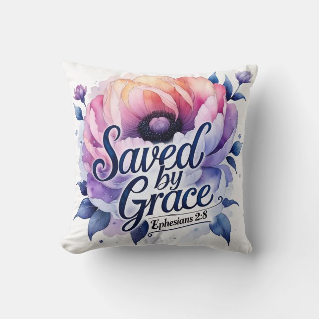 Coussin Sauvé par la Grâce – Conception Florale Chrétienne (Recto)
