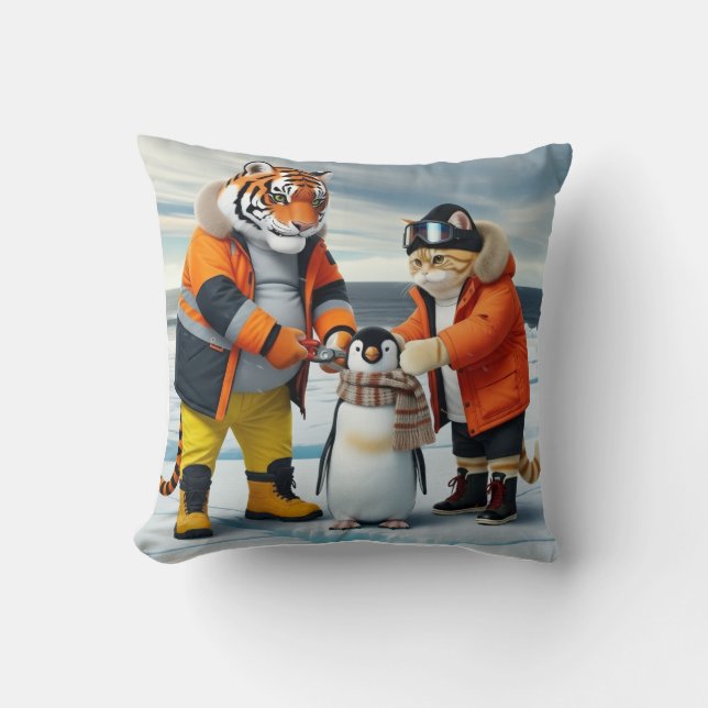 Coussin Sauver les petits pingouins : Chat orange et Tigre (Recto)