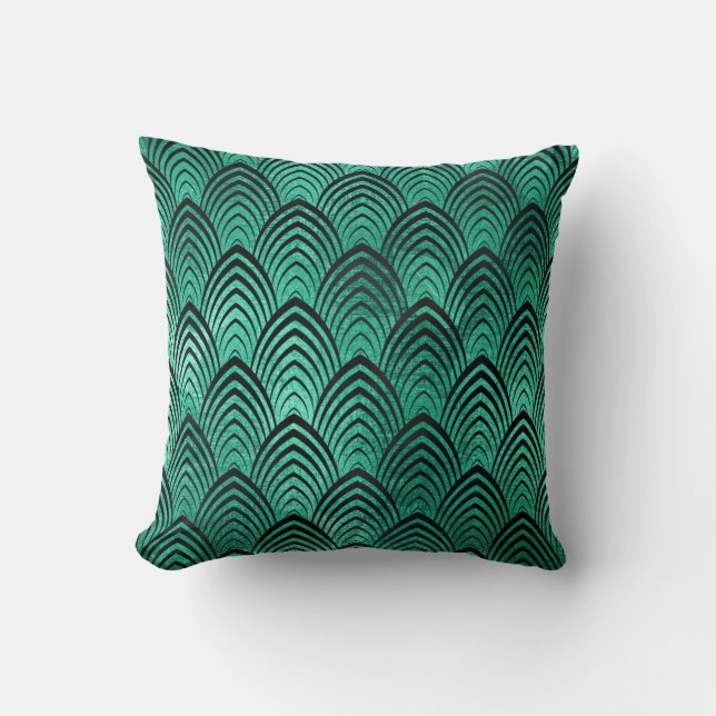 Coussin Scales d'émeraude Art Déco Noir Tropical Vert (Recto)