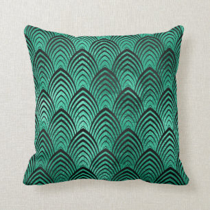 Coussin Scales d'émeraude Art Déco Noir Tropical Vert