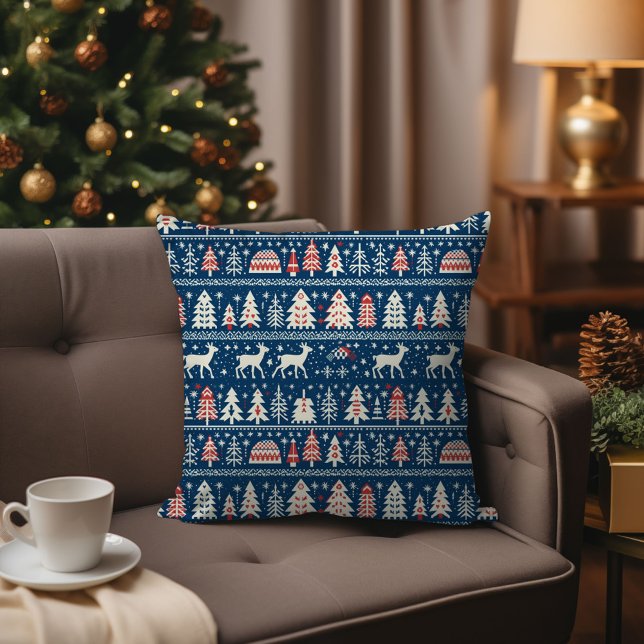 Coussin Scandinave Marine Bleu renne de Noël nordique (Scandinavian Navy Blue Christmas Reindeer Nordic Throw Pillow)