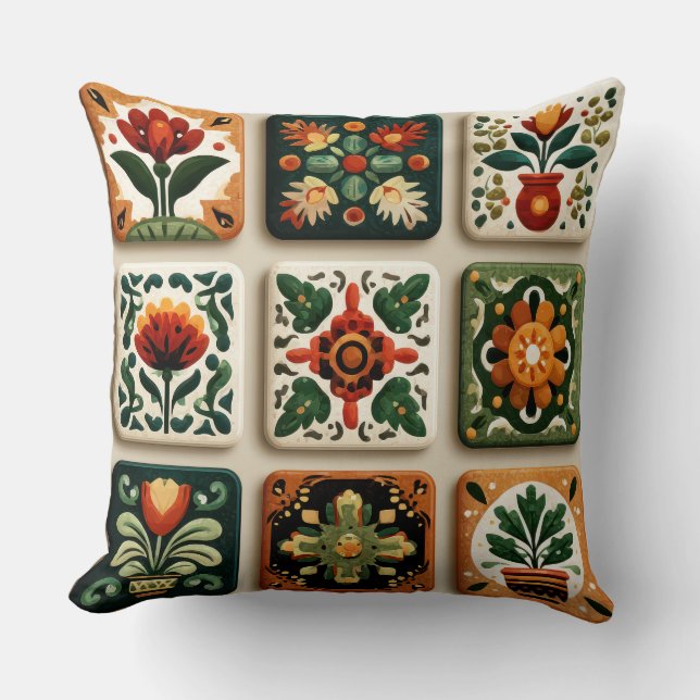 Coussin Scandinavian Folk Floral Tile Pattern Throw Pillow (Recto)