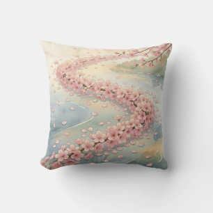 Coussin Scène aquarelle de la rivière aux cerisiers roses