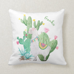 Coussin Scène blanche mignonne de lama et de cactus -